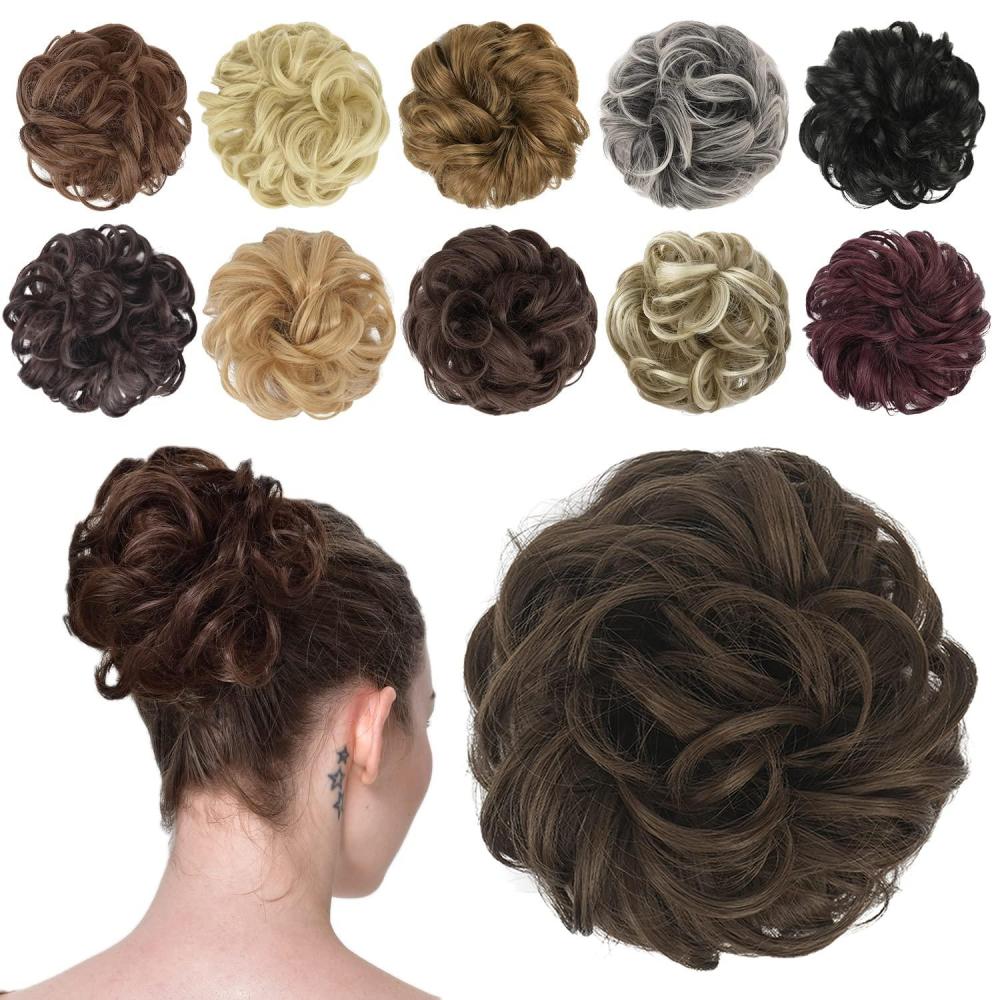 imageFESHFEN Messy Bun Hair Piece  Wavy Synthetic Chignon Scrunchies for Instant Volume Elastic Bun Ponytail Hair Extensions Thick Hairpieces for Women Black Gray and White Tips 150 oz10 Medium Brown
