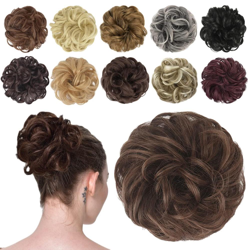 imageFESHFEN Messy Bun Hair Piece Wavy Synthetic Chignon Scrunchies for Instant Volume Elastic Bun Ponytail Hair Extensions Thick Hairpieces for Women Black Gray and White Tips 150 oz430 Brunette Brown