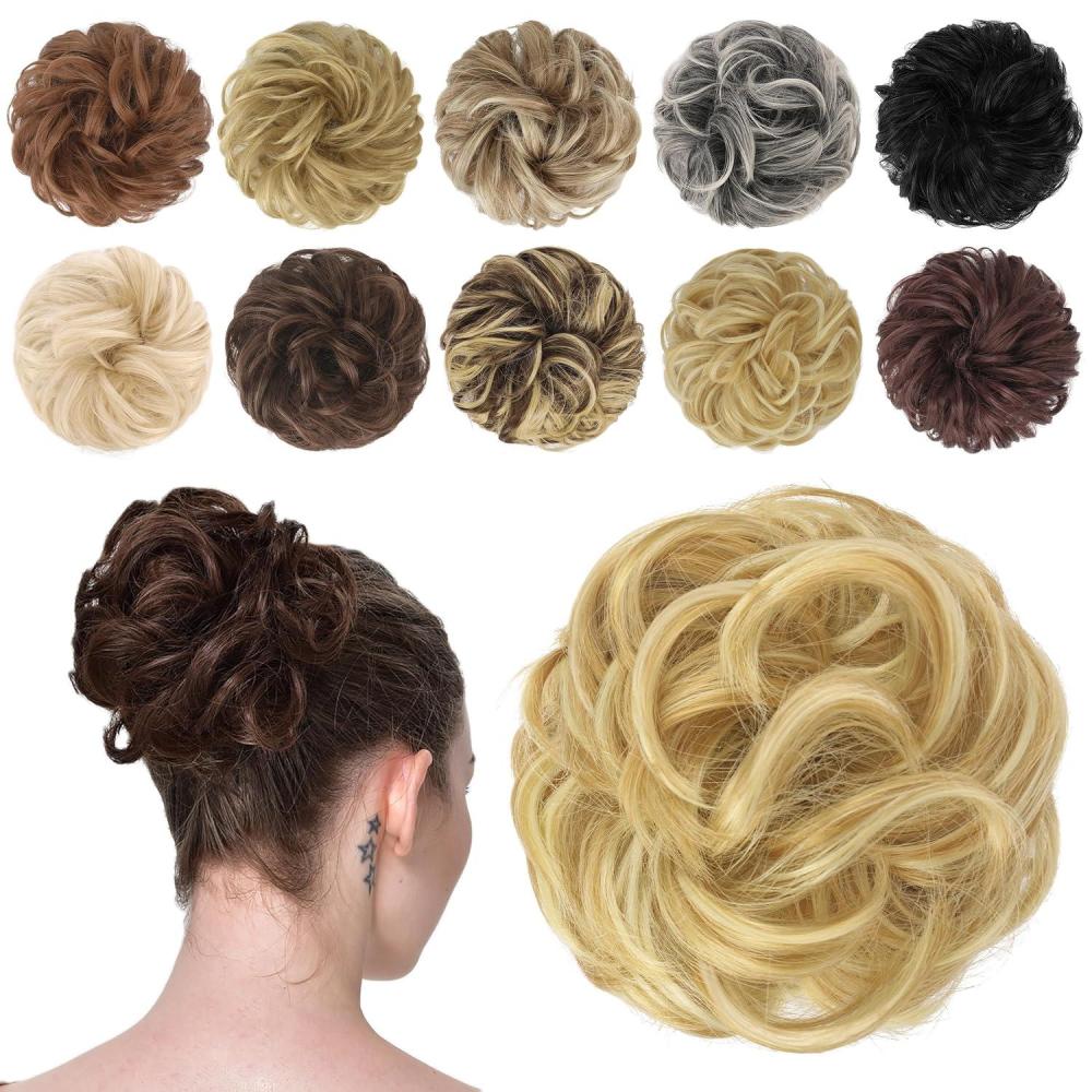 imageFESHFEN Messy Bun Hair Piece  Wavy Synthetic Chignon Scrunchies for Instant Volume Elastic Bun Ponytail Hair Extensions Thick Hairpieces for Women Black Gray and White Tips 150 oz27H613 Strawberry Blonde  Bleach Blonde