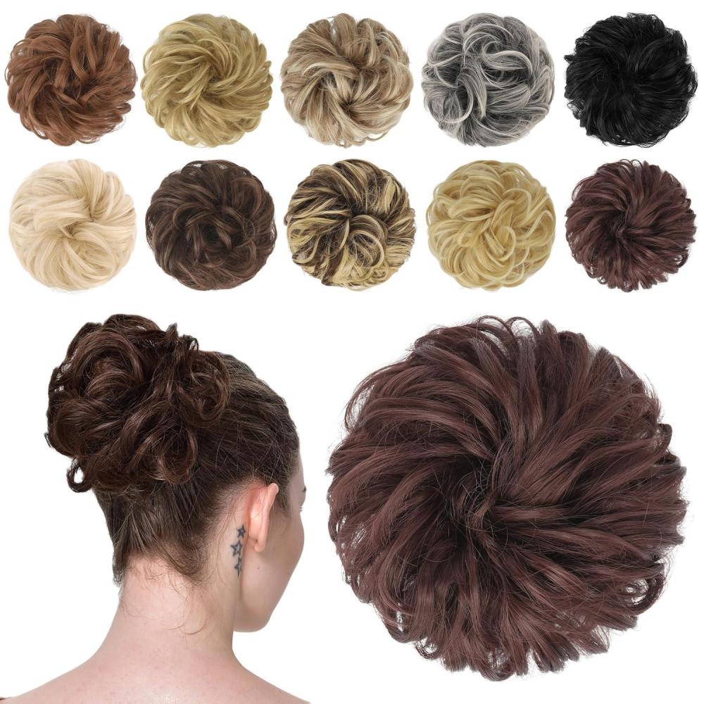 imageFESHFEN Messy Bun Hair Piece  Wavy Synthetic Chignon Scrunchies for Instant Volume Elastic Bun Ponytail Hair Extensions Thick Hairpieces for Women Black Gray and White Tips 150 oz33 Dark Auburn