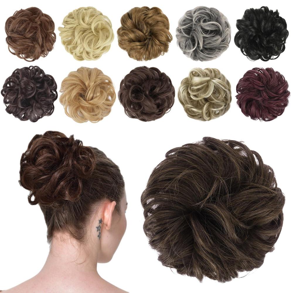 imageFESHFEN Messy Bun Hair Piece Wavy Synthetic Chignon Scrunchies for Instant Volume Elastic Bun Ponytail Hair Extensions Thick Hairpieces for Women Black Gray and White Tips 150 oz46A Mixed Chocolate Brown