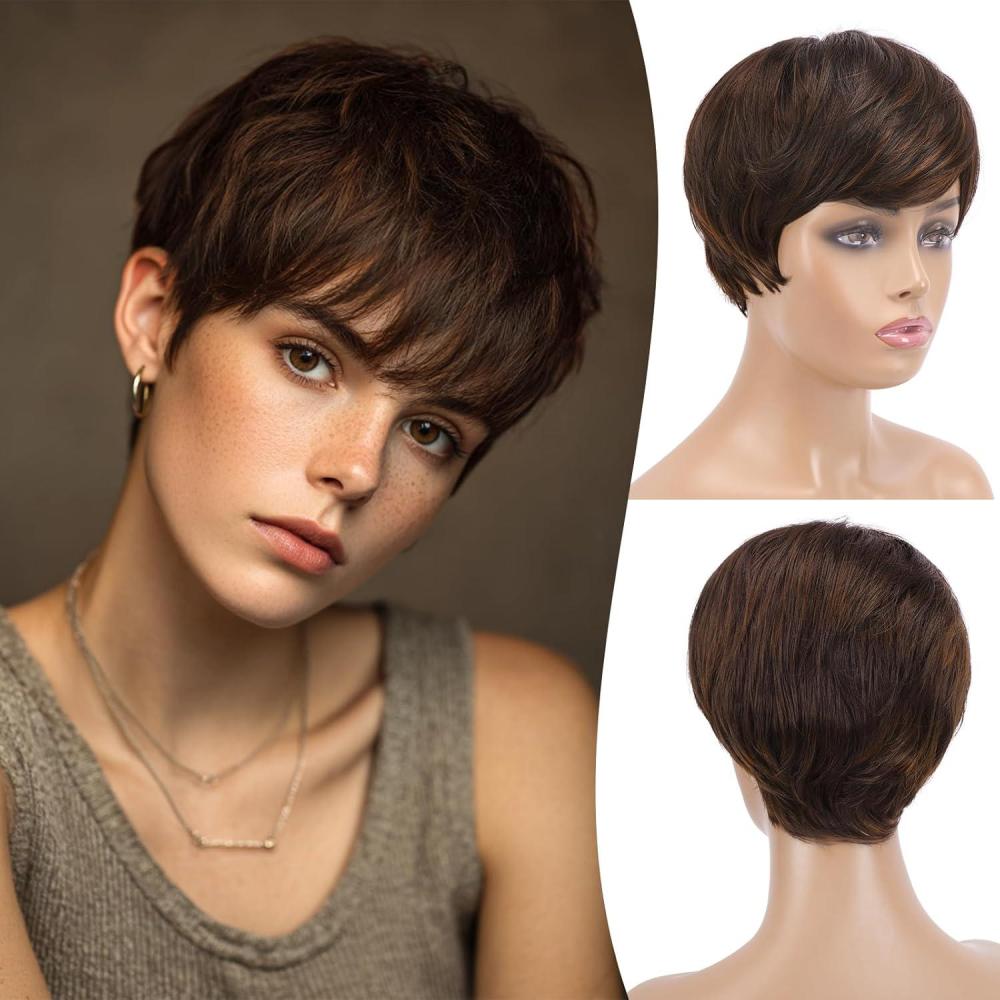 imageFESHFEN Pixie Cut Wigs Synthetic Platinum Grey Short Pixie Haircut Wig with Bangs Glueless Layered Wavy Granny Gray Wigs for Women MenBrown Mixed Auburn