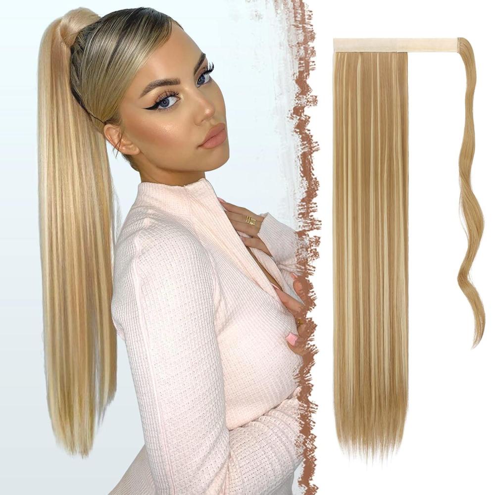 imageFESHFEN Ponytail Extensions  24 Inch Long Straight Black Wrap Around Synthetic Ponytails Hair Piece Pony Tail Hair Extensions Hairpieces for Women16H613 Light Ash Brown  Bleach Blonde