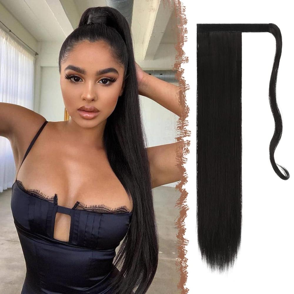 imageFESHFEN Ponytail Extensions  24 Inch Long Straight Black Wrap Around Synthetic Ponytails Hair Piece Pony Tail Hair Extensions Hairpieces for Women2 Natural Black