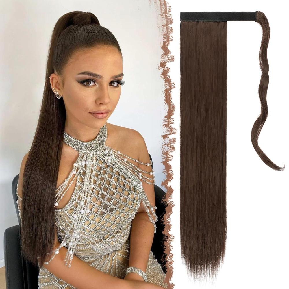 imageFESHFEN Ponytail Extensions  24 Inch Long Straight Black Wrap Around Synthetic Ponytails Hair Piece Pony Tail Hair Extensions Hairpieces for Women6 Medium Brown