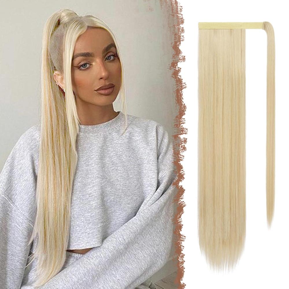 imageFESHFEN Ponytail Extensions  24 Inch Long Straight Wrap Around Synthetic Medium Brown Ponytails Hair Piece Pony Tail Hair Extensions Hairpieces for WomenH2260 Honey Blonde Mixed Platinum Blonde