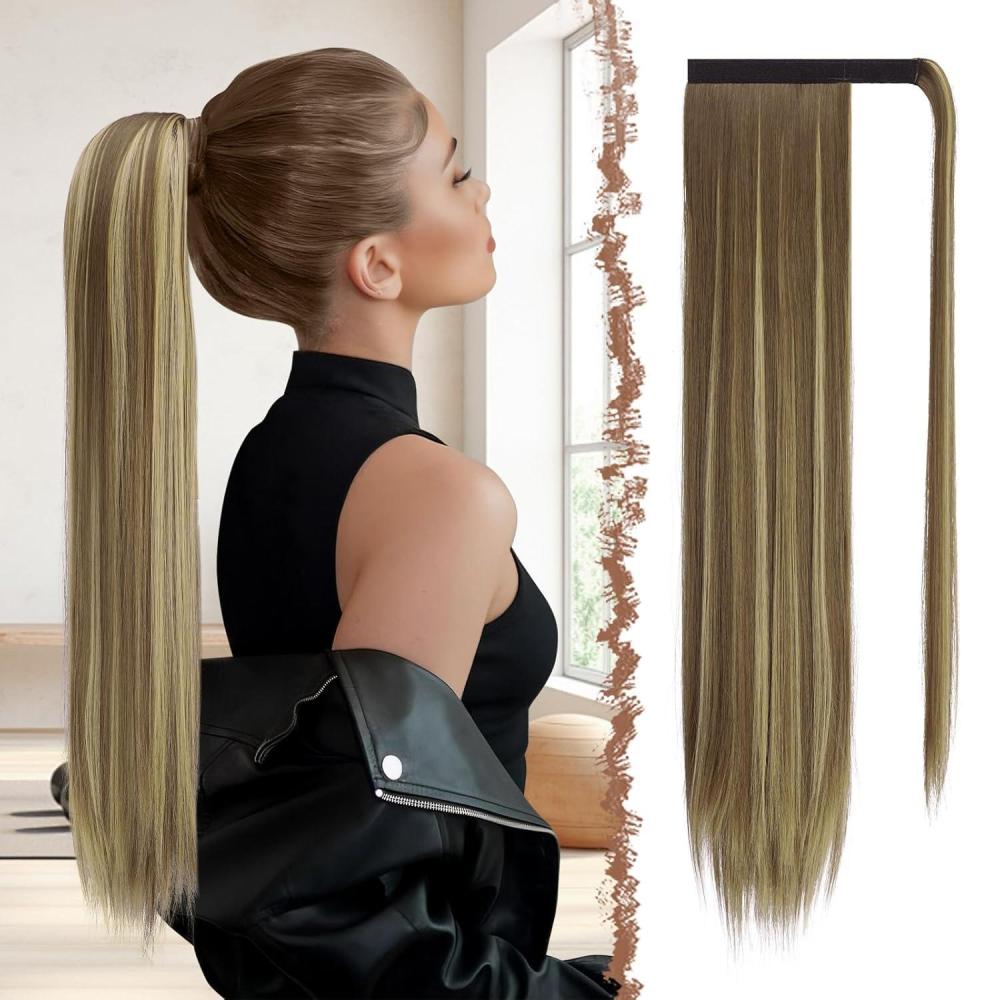 imageFESHFEN Ponytail Extensions 24 Inch Long Straight Wrap Around Synthetic Medium Brown Ponytails Hair Piece Pony Tail Hair Extensions Hairpieces for Women12H29 Light Brown Blonde