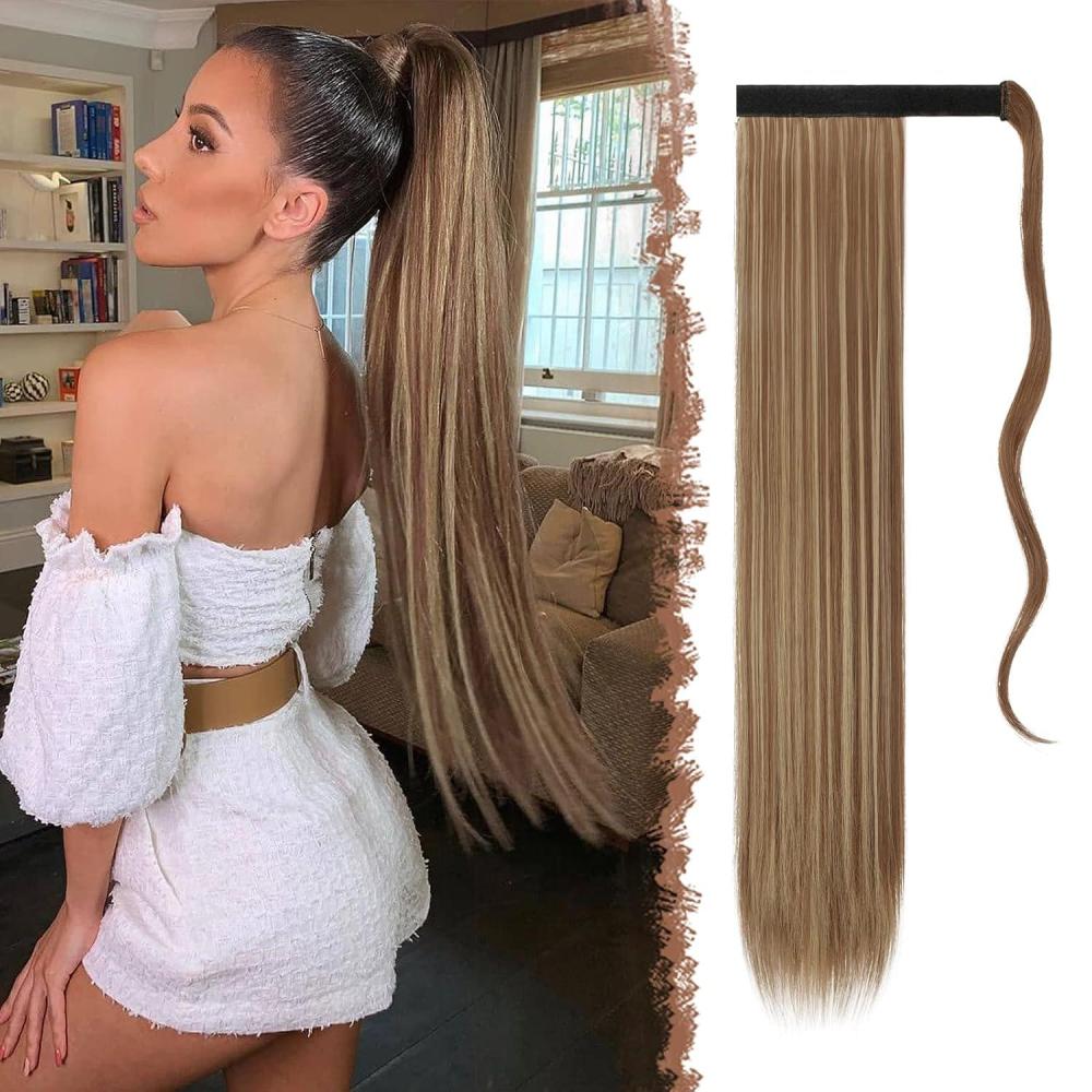 imageFESHFEN Ponytail Extensions  24 Inch Long Straight Wrap Around Synthetic Medium Brown Ponytails Hair Piece Pony Tail Hair Extensions Hairpieces for Women12H24 Brown  Blonde