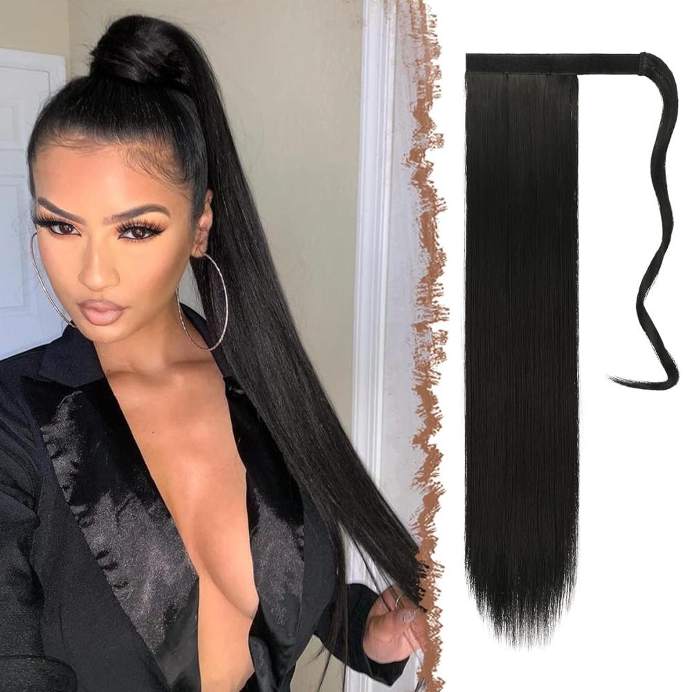 imageFESHFEN Ponytail Extensions 24 Inch Long Straight Wrap Around Synthetic Medium Brown Ponytails Hair Piece Pony Tail Hair Extensions Hairpieces for Women1 Black