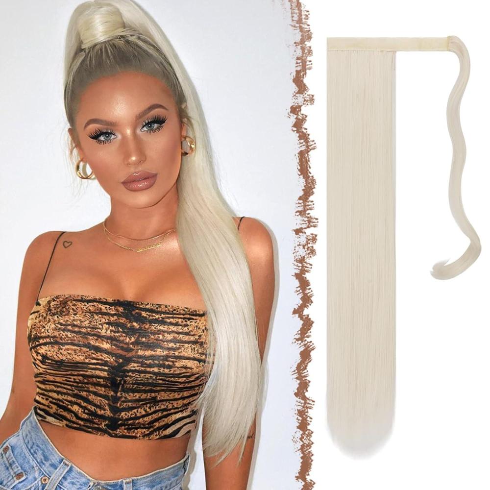 imageFESHFEN Ponytail Extensions 24 Inch Long Straight Wrap Around Synthetic Medium Brown Ponytails Hair Piece Pony Tail Hair Extensions Hairpieces for Women60 Ash Platinum Blonde