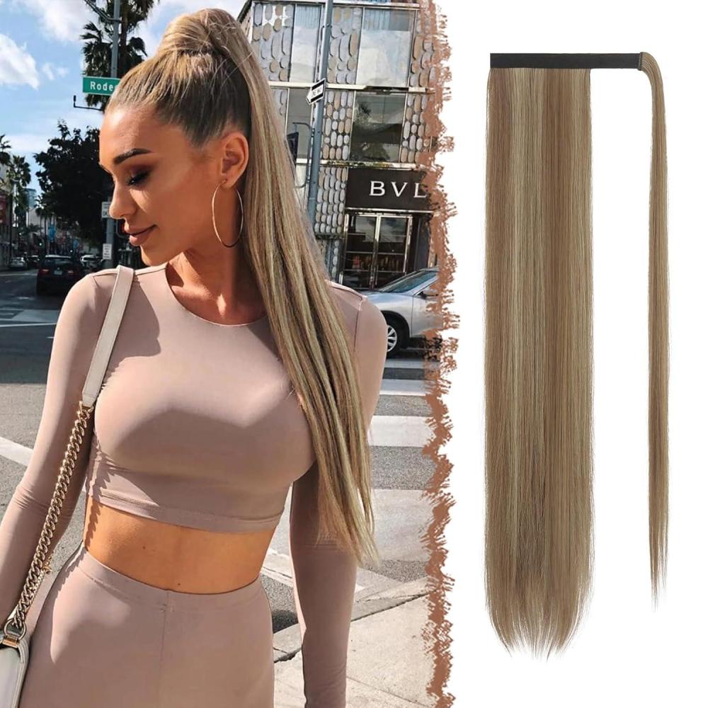 imageFESHFEN Ponytail Extensions 24 Inch Long Straight Wrap Around Synthetic Medium Brown Ponytails Hair Piece Pony Tail Hair Extensions Hairpieces for WomenP8AC18 Caramel Brown Mixed Ash Blonde