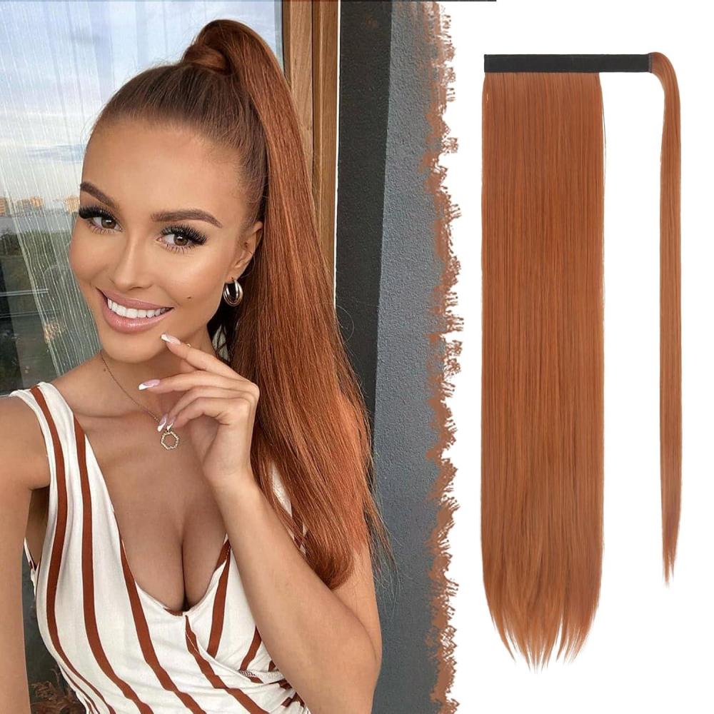 imageFESHFEN Ponytail Extensions  24 Inch Long Straight Wrap Around Synthetic Medium Brown Ponytails Hair Piece Pony Tail Hair Extensions Hairpieces for Women30C Copper Red