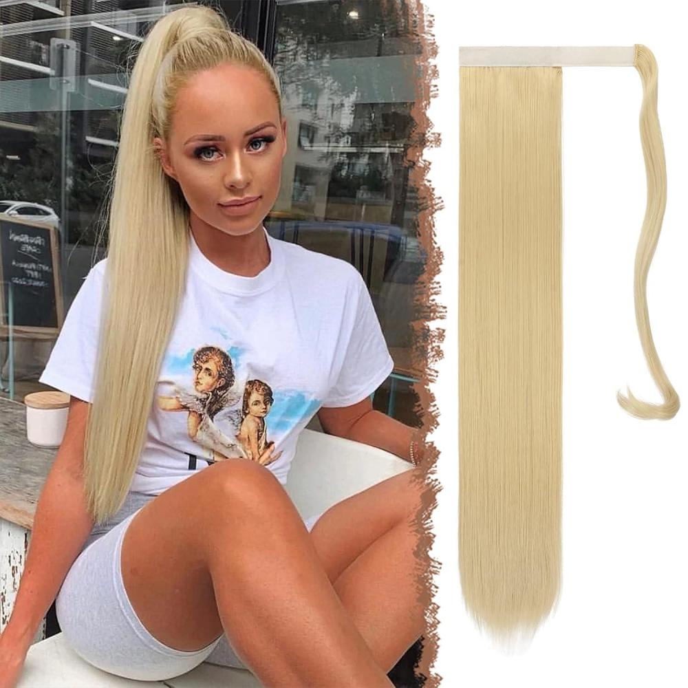imageFESHFEN Ponytail Extensions  24 Inch Long Straight Wrap Around Synthetic Medium Brown Ponytails Hair Piece Pony Tail Hair Extensions Hairpieces for Women613 Bleach Blonde