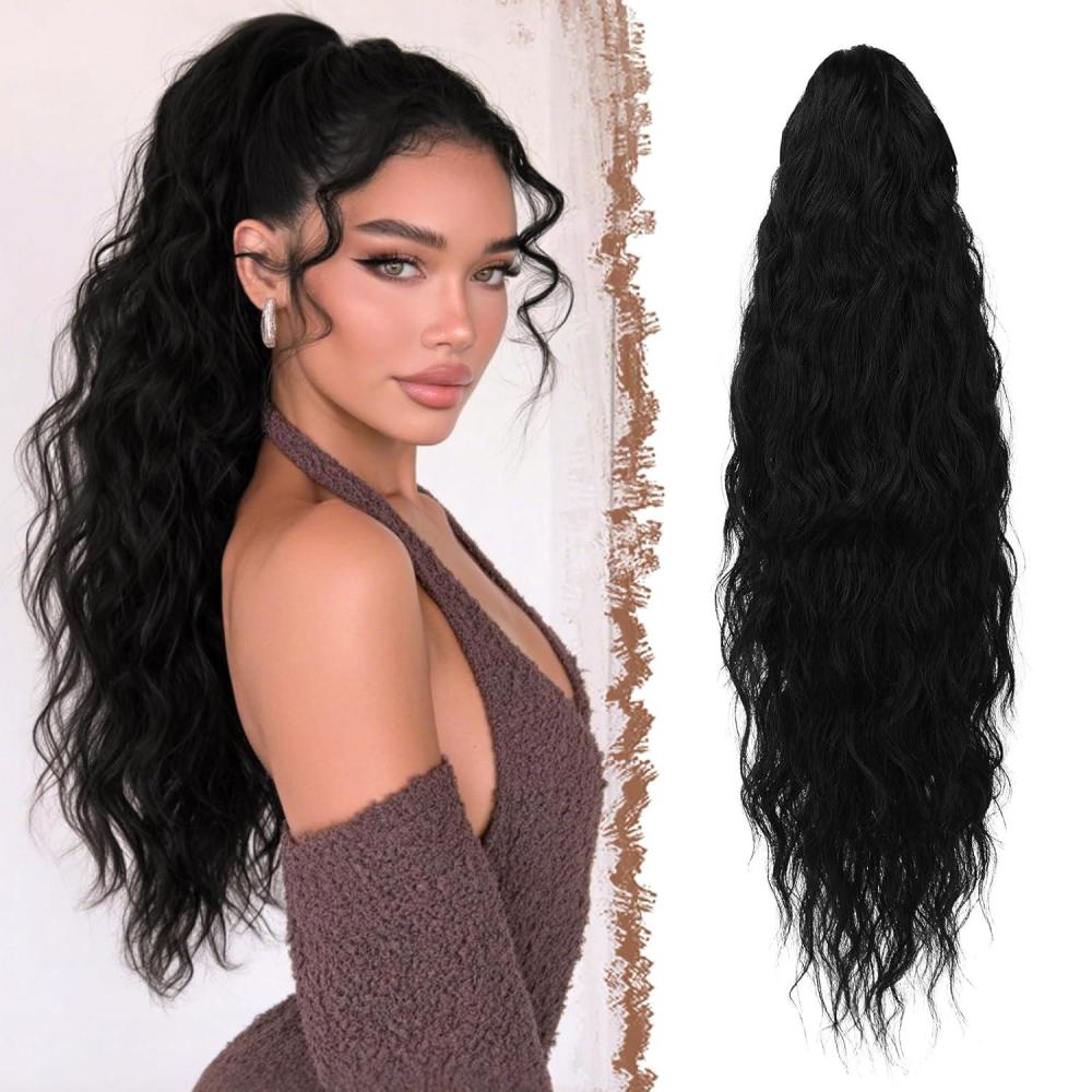 imageFESHFEN Ponytail Extensions 26 inch Drawstring Long Curly Wavy Clip in Ponytails Synthetic Hair Piece Pony Tail Hairpieces for Women Honey Blonde Mixed Light Brown1B Black