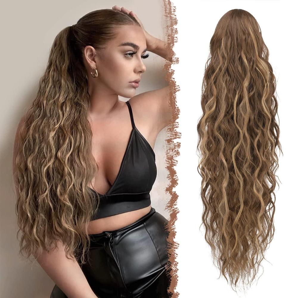 imageFESHFEN Ponytail Extensions  26 inch Drawstring Long Curly Wavy Clip in Ponytails Synthetic Hair Piece Pony Tail Hairpieces for Women Honey Blonde Mixed Light Brown22H10 Honey Blonde Mixed Light Brown