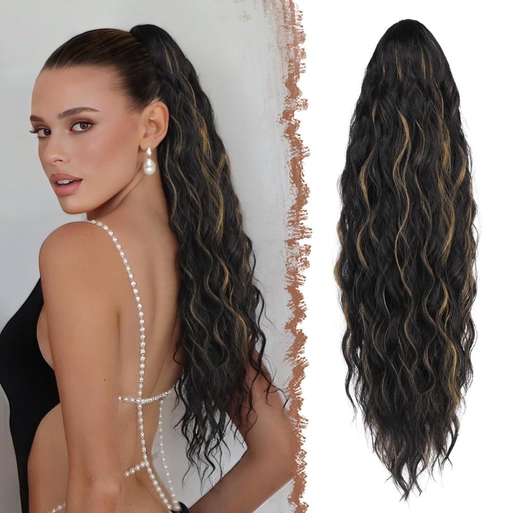 imageFESHFEN Ponytail Extensions  26 inch Drawstring Long Curly Wavy Clip in Ponytails Synthetic Hair Piece Pony Tail Hairpieces for Women Honey Blonde Mixed Light Brown2H27 Black Highlighted Caramel