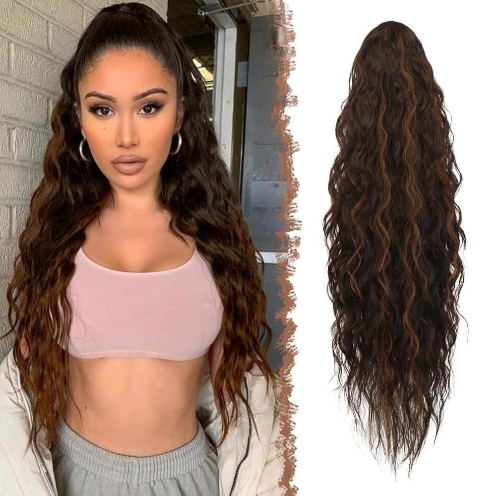 imageFESHFEN Ponytail Extensions 26 inch Drawstring Long Curly Wavy Clip in Ponytails Synthetic Hair Piece Pony Tail Hairpieces for Women Honey Blonde Mixed Light Brown4H30 Dark Brown Highlighted Auburn