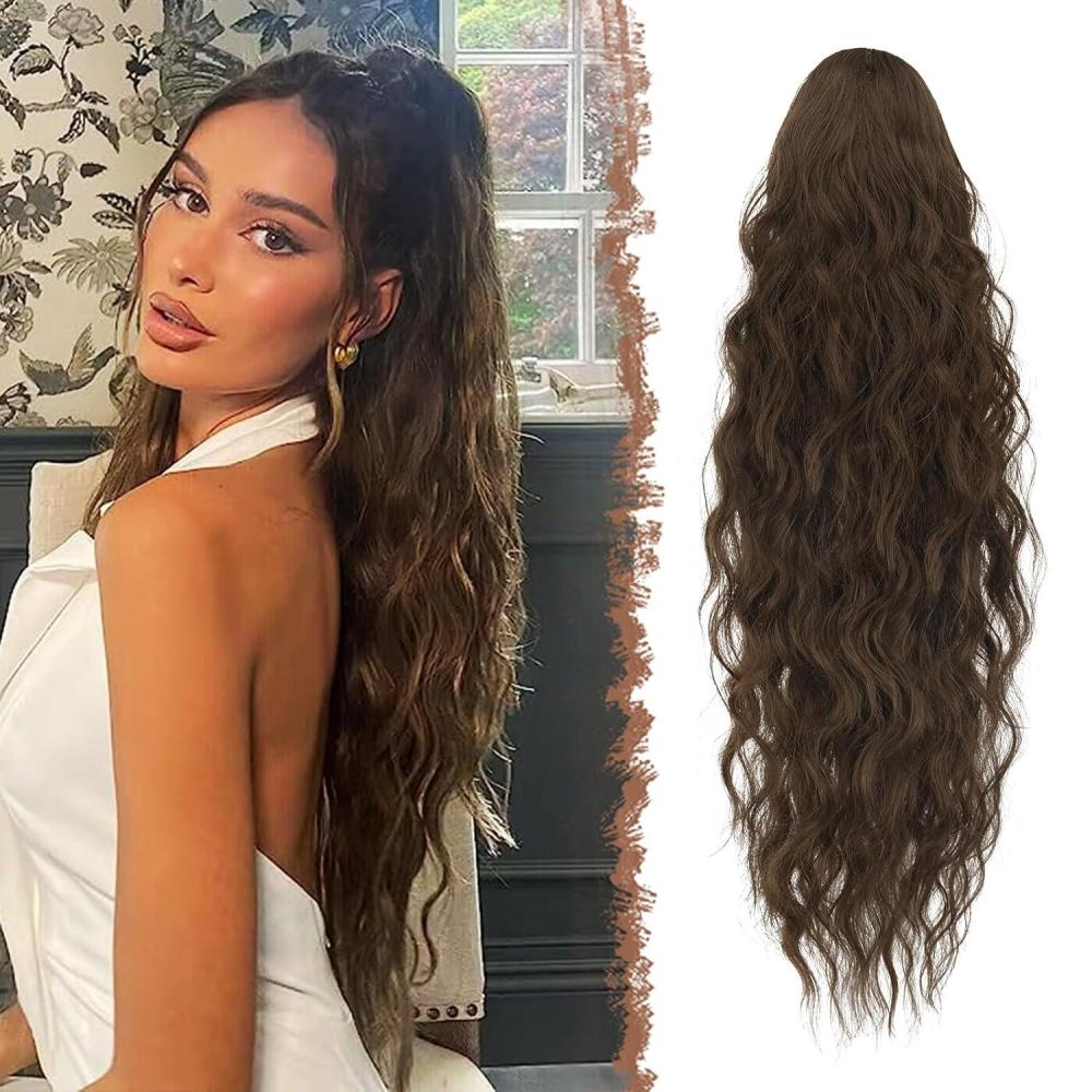 imageFESHFEN Ponytail Extensions  26 inch Drawstring Long Curly Wavy Clip in Ponytails Synthetic Hair Piece Pony Tail Hairpieces for Women Honey Blonde Mixed Light Brown810 Light Brown