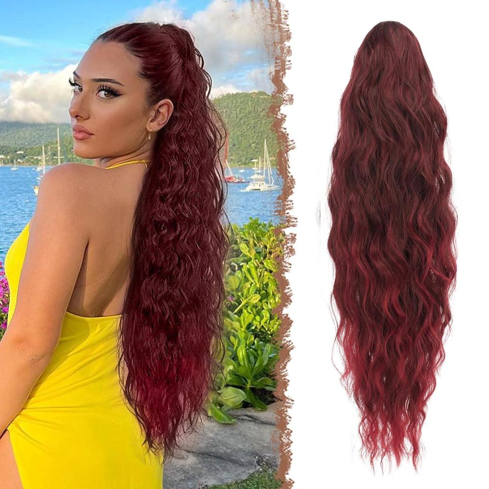 imageFESHFEN Ponytail Extensions  26 inch Drawstring Long Curly Wavy Clip in Ponytails Synthetic Hair Piece Pony Tail Hairpieces for Women Honey Blonde Mixed Light BrownT1BBUG Black and Burgundy Tips
