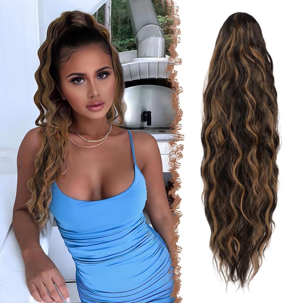 imageFESHFEN Ponytail Extensions 26 inch Drawstring Long Curly Wavy Clip in Ponytails Synthetic Hair Piece Pony Tail Hairpieces for Women Honey Blonde Mixed Light Brown2AH426 Dark Brown Mixed Caramel Blonde