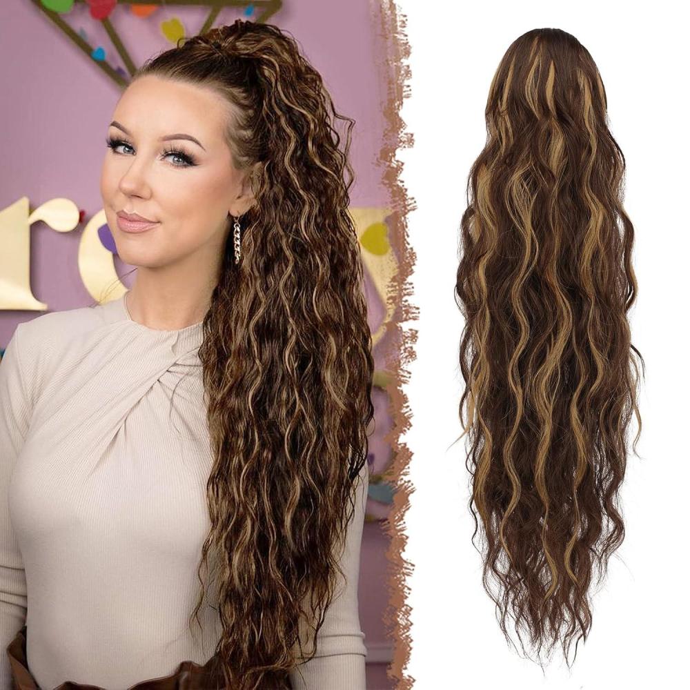 imageFESHFEN Ponytail Extensions 26 inch Drawstring Long Curly Wavy Clip in Ponytails Synthetic Hair Piece Pony Tail Hairpieces for Women Honey Blonde Mixed Light Brown4BH27 Brown Highlighted Strawberry Blonde