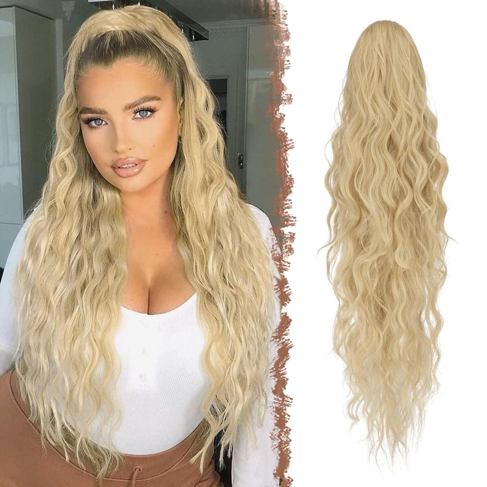 imageFESHFEN Ponytail Extensions 26 inch Drawstring Long Curly Wavy Clip in Ponytails Synthetic Hair Piece Pony Tail Hairpieces for Women Honey Blonde Mixed Light Brown27613 Strawberry Blonde
