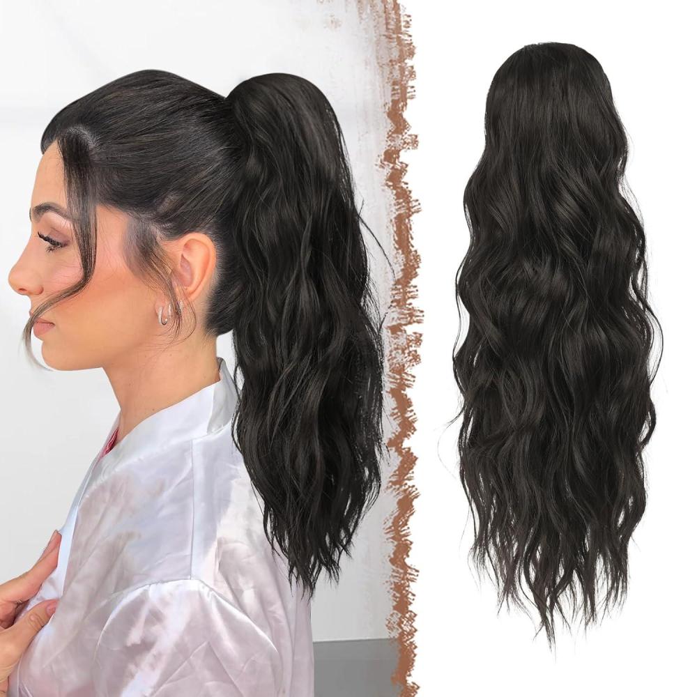 imageFESHFEN Ponytail Extensions  Drawstring Ponytails Hair Extension Long Curly Wavy Hair Piece Synthetic Pony Tail Hairpieces for Women Golden Brown Mix Blonde 18 inch2 Natural Black