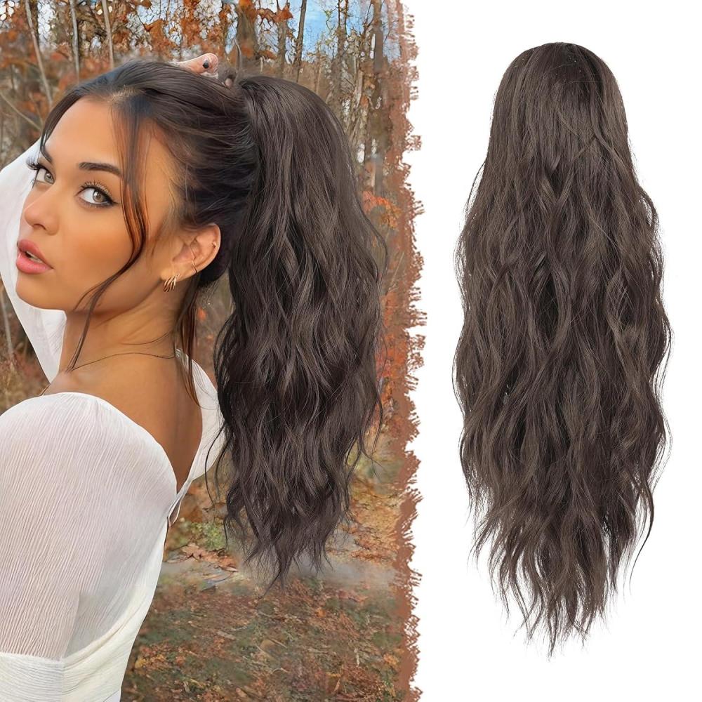 imageFESHFEN Ponytail Extensions Drawstring Ponytails Hair Extension Long Curly Wavy Hair Piece Synthetic Pony Tail Hairpieces for Women Golden Brown Mix Blonde 18 inch6 Medium Brown