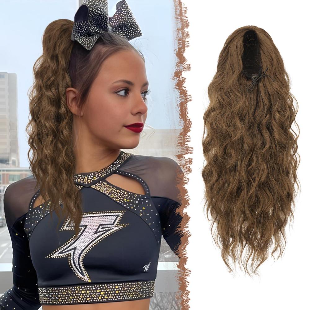 imageFESHFEN Ponytail Extensions Drawstring Ponytails Hair Extension Long Curly Wavy Hair Piece Synthetic Pony Tail Hairpieces for Women Golden Brown Mix Blonde 18 inchChestnut Brown
