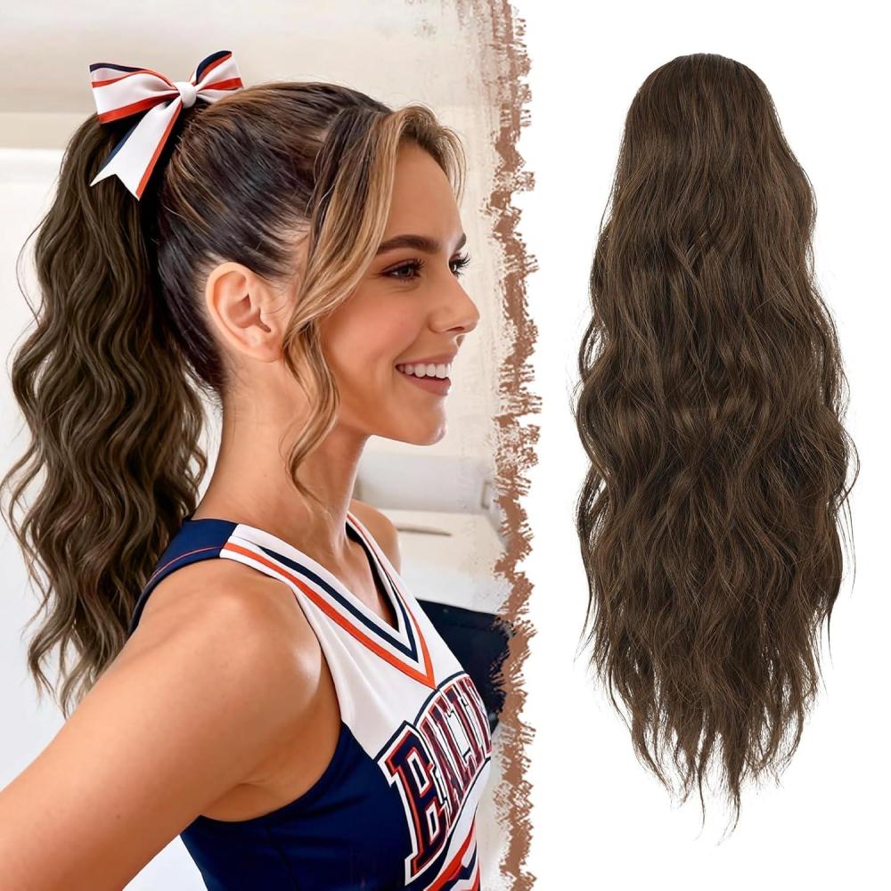 imageFESHFEN Ponytail Extensions Drawstring Ponytails Hair Extension Long Curly Wavy Hair Piece Synthetic Pony Tail Hairpieces for Women Golden Brown Mix Blonde 18 inch430 Brown Light Auburn Mixed