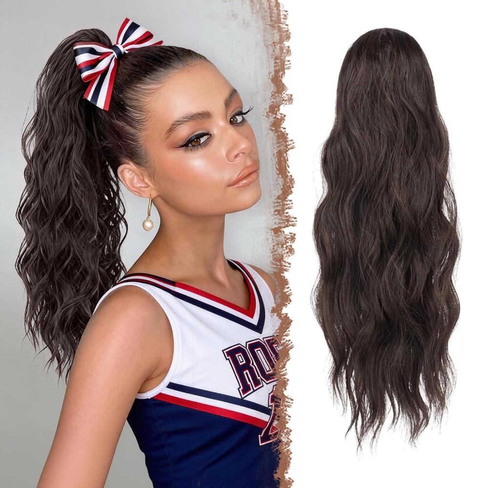 imageFESHFEN Ponytail Extensions  Drawstring Ponytails Hair Extension Long Curly Wavy Hair Piece Synthetic Pony Tail Hairpieces for Women Golden Brown Mix Blonde 18 inch46A Mixed Brown