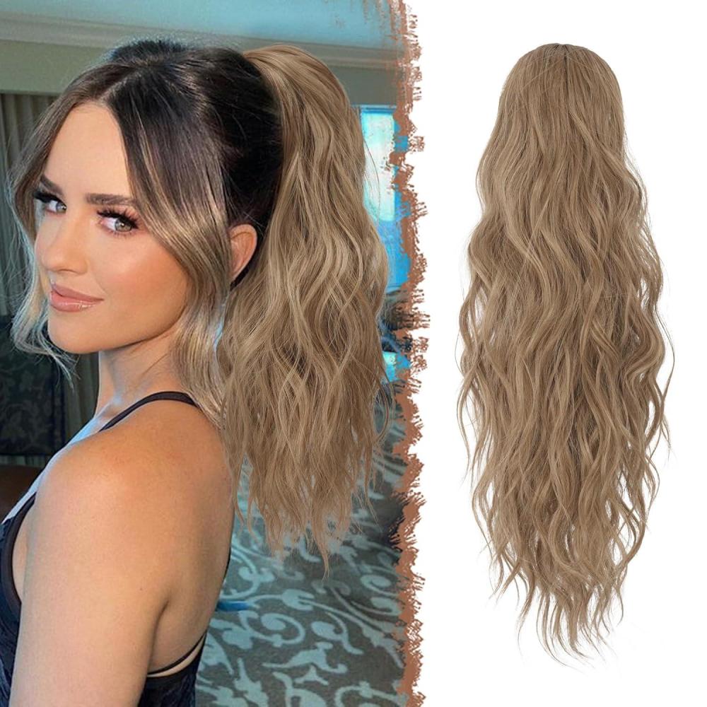 imageFESHFEN Ponytail Extensions Drawstring Ponytails Hair Extension Long Curly Wavy Hair Piece Synthetic Pony Tail Hairpieces for Women Golden Brown Mix Blonde 18 inch1224 Light Brown Mixed Natural Blonde