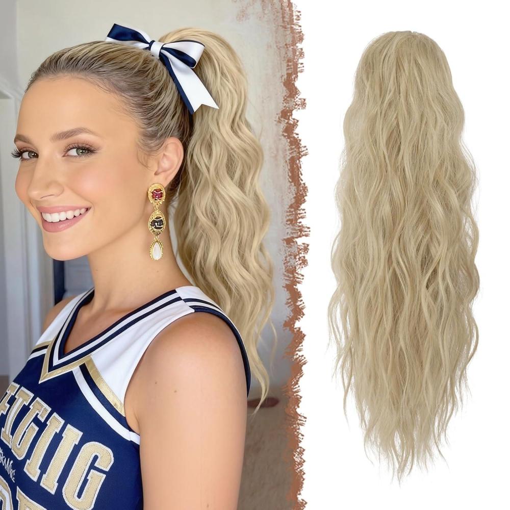 imageFESHFEN Ponytail Extensions Drawstring Ponytails Hair Extension Long Curly Wavy Hair Piece Synthetic Pony Tail Hairpieces for Women Golden Brown Mix Blonde 18 inch16613 AshBlonde