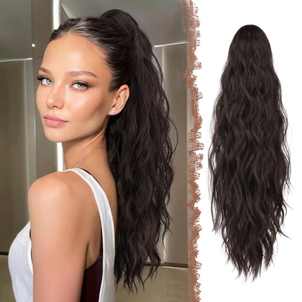 imageFESHFEN Ponytail Extensions Long Claw Clip in Ponytail Hairpiece Synthetic Pony Tails Hair Piece Natural Wavy Hairpieces for Women 20 inch Dirty Blonde6 Dark Brown