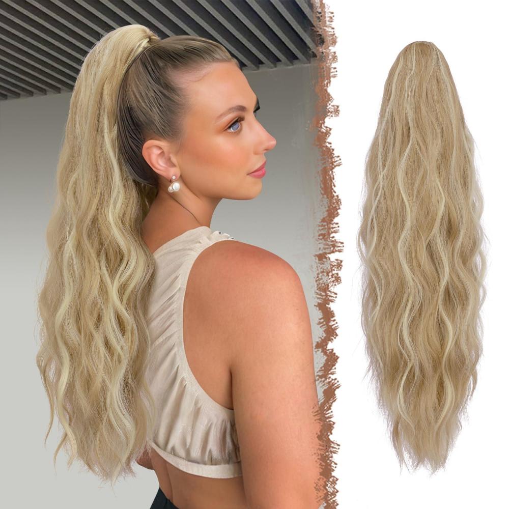 imageFESHFEN Ponytail Extensions Long Claw Clip in Ponytail Hairpiece Synthetic Pony Tails Hair Piece Natural Wavy Hairpieces for Women 20 inch Dirty Blonde16H613 Dirty Blonde