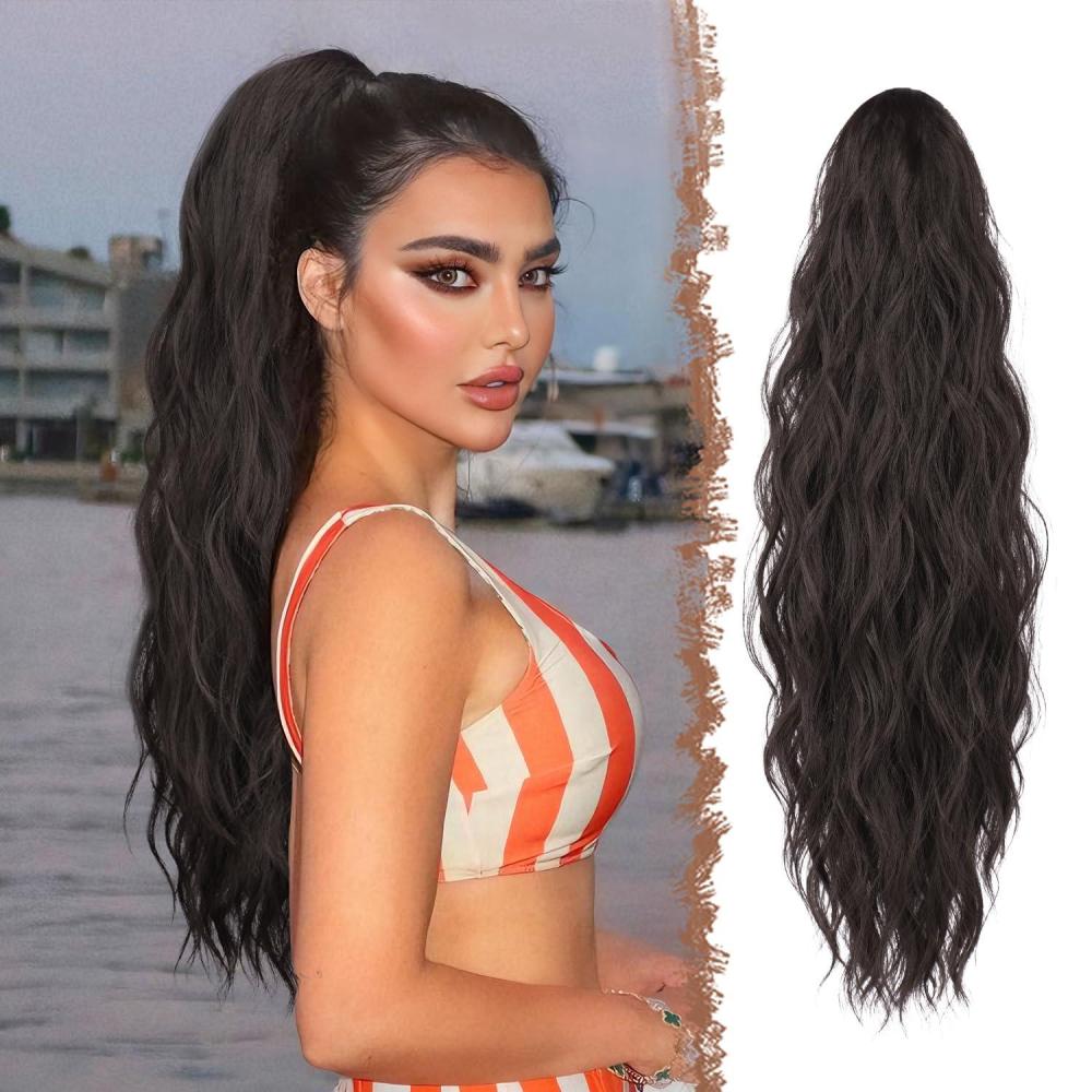 imageFESHFEN Ponytail Extensions Long Claw Clip in Ponytail Hairpiece Synthetic Pony Tails Hair Piece Natural Wavy Hairpieces for Women 20 inch Dirty Blonde4 Black Brown