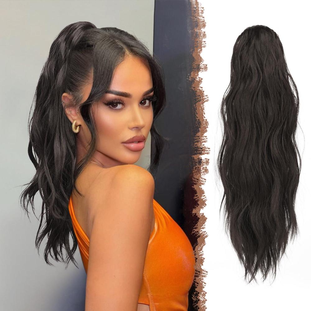 imageFESHFEN Ponytail Extensions Long Claw Clip in Ponytail Hairpiece Synthetic Pony Tails Hair Piece Natural Wavy Hairpieces for Women 20 inch Dirty BlondeBlack Brown