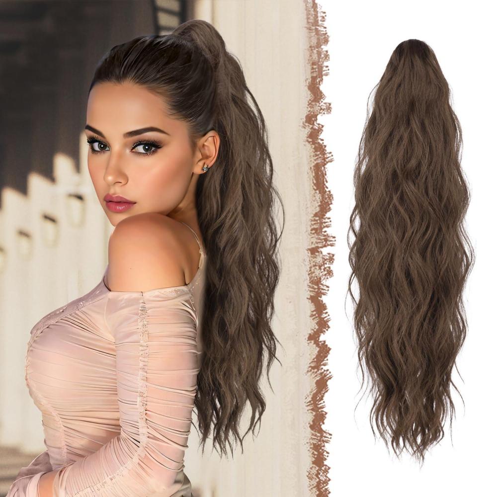 imageFESHFEN Ponytail Extensions Long Claw Clip in Ponytail Hairpiece Synthetic Pony Tails Hair Piece Natural Wavy Hairpieces for Women 20 inch Dirty Blonde810 Chestnut Brown