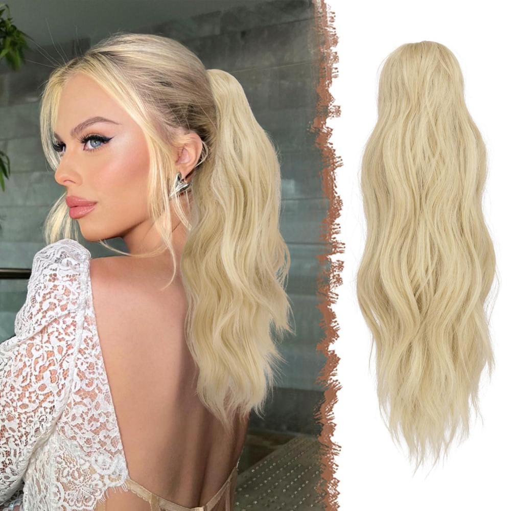 imageFESHFEN Ponytail Extensions Long Claw Clip in Ponytail Hairpiece Synthetic Pony Tails Hair Piece Natural Wavy Hairpieces for Women 20 inch Dirty BlondePale Ash Blonde