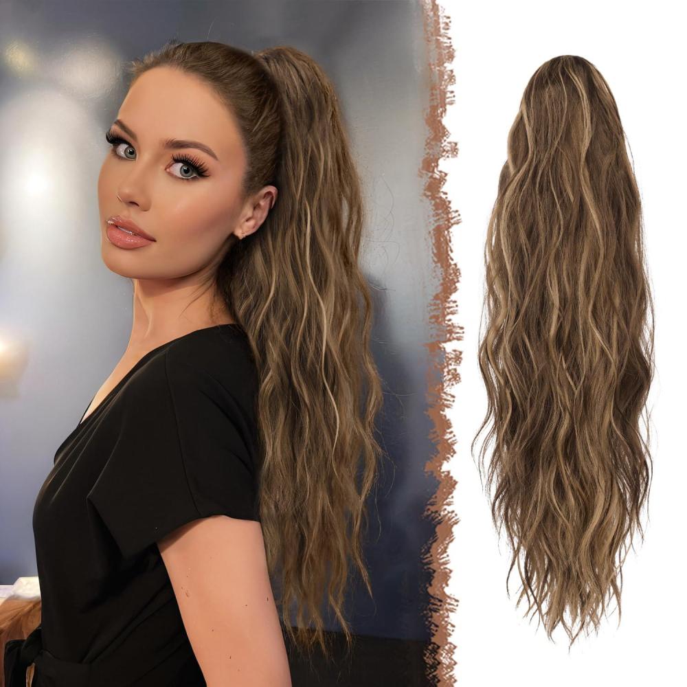 imageFESHFEN Ponytail Extensions Long Claw Clip in Ponytail Hairpiece Synthetic Pony Tails Hair Piece Natural Wavy Hairpieces for Women 20 inch Dirty Blonde22H10 Golden Brown Mixed Blonde