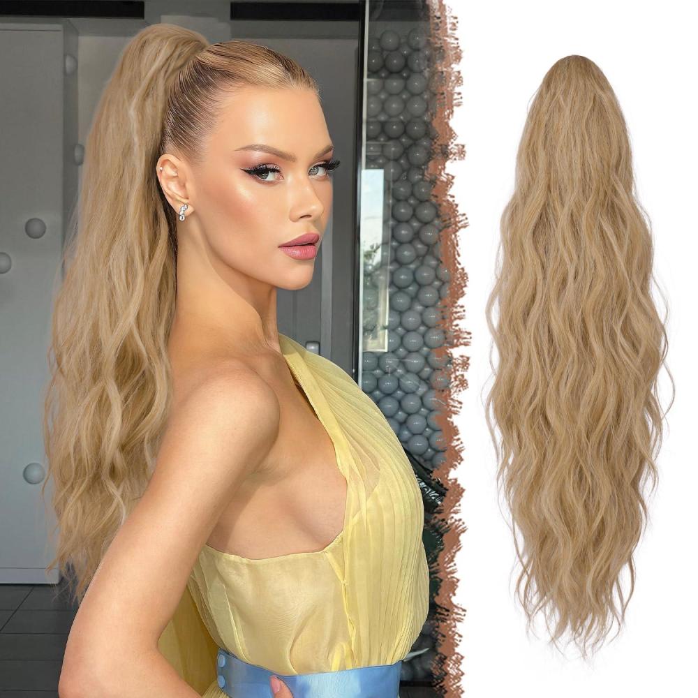 imageFESHFEN Ponytail Extensions Long Claw Clip in Ponytail Hairpiece Synthetic Pony Tails Hair Piece Natural Wavy Hairpieces for Women 20 inch Dirty Blonde27613A Mixed Blonde