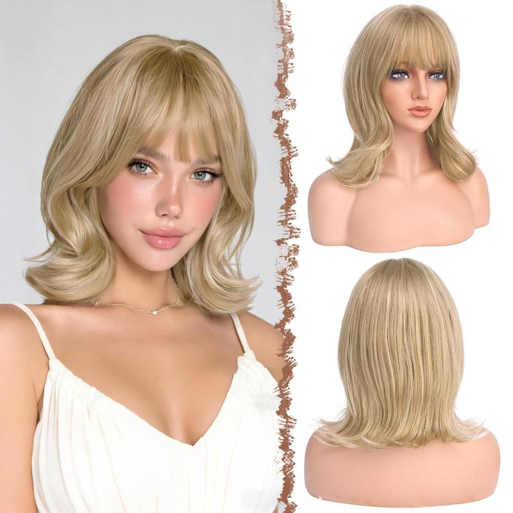 imageFESHFEN Shoulder Length Bob Wigs with Bangs for Women  Brown Mixed Honey Blonde Natural Layered Wavy Synthetic Wig For Daily Party Costume Use 14 InchDirty Blonde