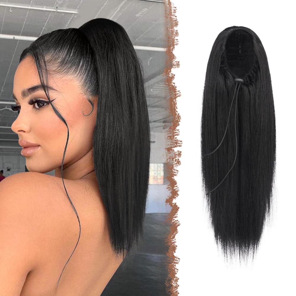 imageFESHFEN Straight Ponytail Extensions Long Drawstring Natural Synthetic Pony Tail Hair Pieces Clip in Ponytails Hairpieces for Women Natural Black 12 inch