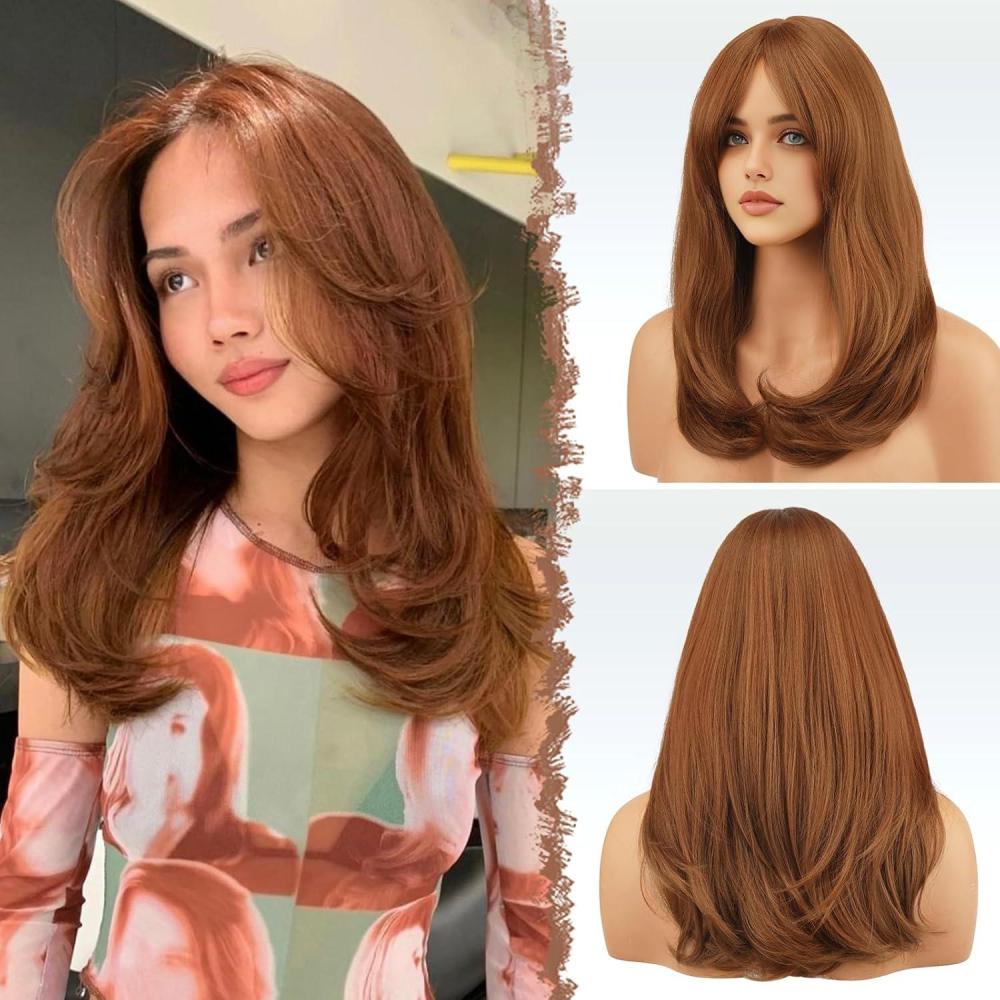 imageFESHFEN Wigs with Bangs for Women Synthetic Natural Looking Long Layered Straight Hair Wig for Women Daily Party Costume 18 inch Copper RedAuburn