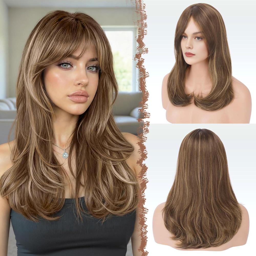 imageFESHFEN Wigs with Bangs for Women Synthetic Natural Looking Long Layered Straight Hair Wig for Women Daily Party Costume 18 inch Copper RedBrown Mixed Blonde
