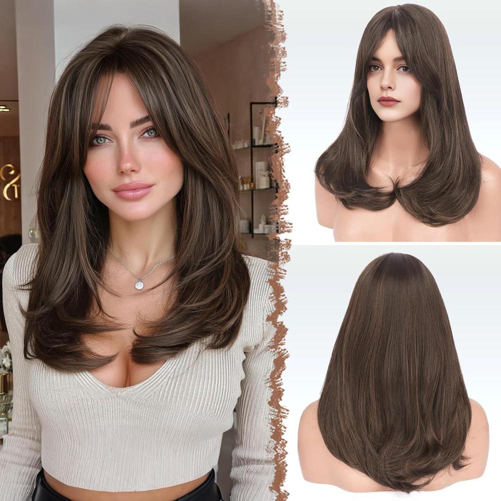 imageFESHFEN Wigs with Bangs for Women Synthetic Natural Looking Long Layered Straight Hair Wig for Women Daily Party Costume 18 inch Copper RedBrown with Highlights
