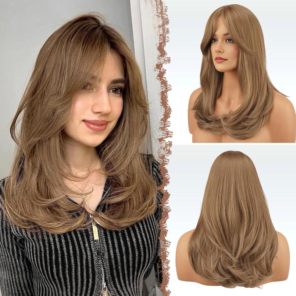 imageFESHFEN Wigs with Bangs for Women Synthetic Natural Looking Long Layered Straight Hair Wig for Women Daily Party Costume 18 inch Copper RedMixed Blonde
