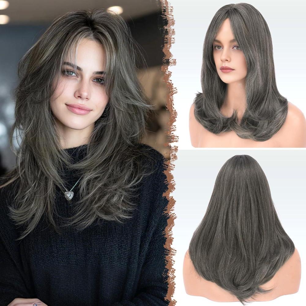 imageFESHFEN Wigs with Bangs for Women Synthetic Natural Looking Long Layered Straight Hair Wig for Women Daily Party Costume 18 inch Copper RedSteel Grey