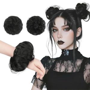 FESHFEN 2PCs Small Messy Bun Hair Piece for Thin Hair Women Girl Mini Synthetic Elastic Wavy Space-bun Scrunchies Updo Hairpieces, Dirty Blonde(Black)