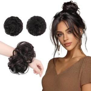 FESHFEN 2PCs Small Messy Bun Hair Piece for Thin Hair Women Girl Mini Synthetic Elastic Wavy Space-bun Scrunchies Updo Hairpieces, Dirty Blonde(Black Brown)